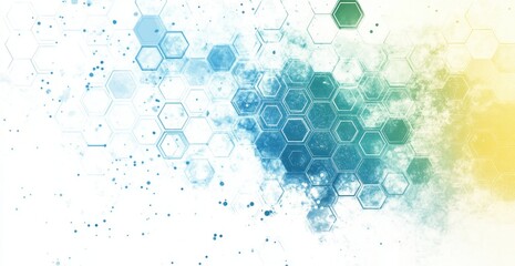 Abstract background with hexagons and connections, using a color palette of blue, green, and yellow, with white space in the center of the composition Generative AI