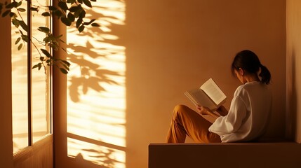 Canvas Print - A person reading a book in a sunlit room with warm tones and soft shadows created by evening light