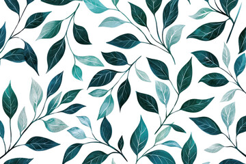 Wall Mural - Elegant seamless pattern of watercolor leaves in various shades of green and blue, perfect for nature-inspired textile and wallpaper designs.