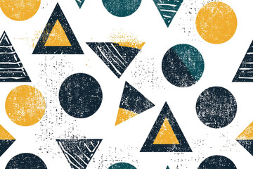 Wall Mural - Seamless pattern with grunge geometric shapes in blue and yellow. Abstract triangles and circles create a modern textured design.