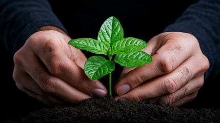 Nurturing New Growth: Hands gently cradle a vibrant green sapling, symbolizing the delicate yet powerful act of nurturing life and fostering growth.  