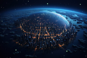 Wall Mural - Futuristic city aerial view at night. Structure of sci-fi metropolis with neon lights from the bird view