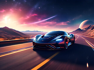 Futuristic Sports Car Racing on a Highway with Outer Space Backdrop