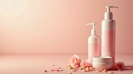 Wall Mural - Skincare products in soft pink bottles and a jar are displayed artfully alongside fresh rose petals on a pastel background, evoking a relaxing spa feel