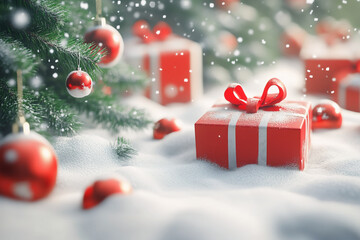 Christmas abstract background with snow, presents, Christmas tree in 3d style