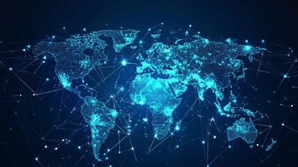 Wall Mural - blue glowing world map with interconnected lines