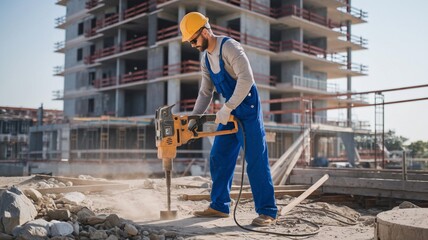 Construction worker using jackhammer on a busy construction site