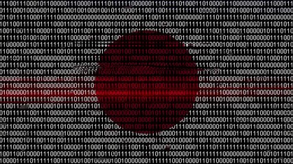 Binary code on flag of Japan. Program source code or Hacker concept on Japanese flag. Japan digital technology security, hacking or programming