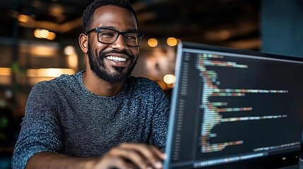 coding with confidence: a joyful black man smiles as he works on a computer code project, showcasing