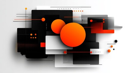 Abstract Tech Background: A bold and dynamic abstract graphic design featuring intersecting geometric shapes in black, white, and orange. The design evokes a sense of energy and movement.