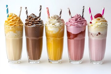 Assorted milkshakes in tall glasses with whipped cream