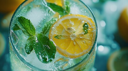 Wall Mural -   A close-up of a glass of water with a lemon and mint garnish on its rim