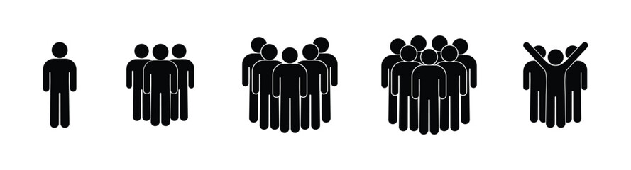 stickman icon set, leader of group of people, isolated pictogram of human silhouettes