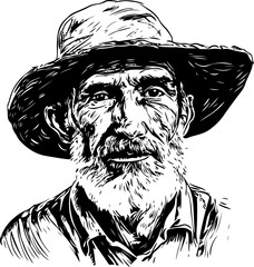 Wall Mural - Black and white vector illustration of an elderly man with a beard wearing a wide-brimmed hat, ideal for storytelling and character design.