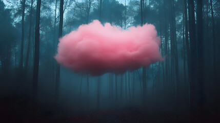 Wall Mural - pink cloud in a dark forest covered by mist.