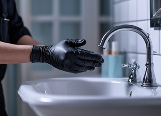 The plumber's hands in black gloves are under the faucet in the washbasin. There is no water