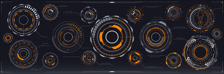 Futuristic digital technology HUD elements, cyber UI interface vector graphic. Abstract circles of future tech control panel, Sci Fi game head up display holograms with round orange frames
