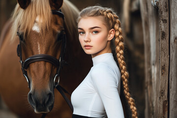 Blonde braided horse girl in a white sport long sleeve top and black leggings