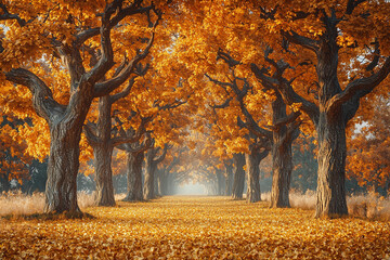 Canvas Print - Majestic autumn pathway lined with vibrant orange trees at dawn