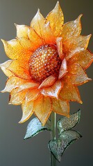 Wall Mural -  A sunflower with wet petals and leaves against a gray backdrop