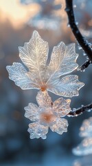 Wall Mural -   A close-up photo of a tree leaf with ice covering it and water droplets hanging from the branch