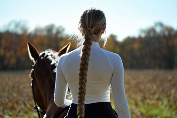 Blonde braided horse girl in a white sport long sleeve top and black leggings