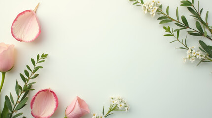 Wall Mural - A graceful arrangement featuring soft pink rose petals alongside fresh green leaves creates a calming and elegant display on a pale backdrop