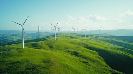 expansive wind farm with multiple turbines turning in a green landscape, demonstrating the power of 