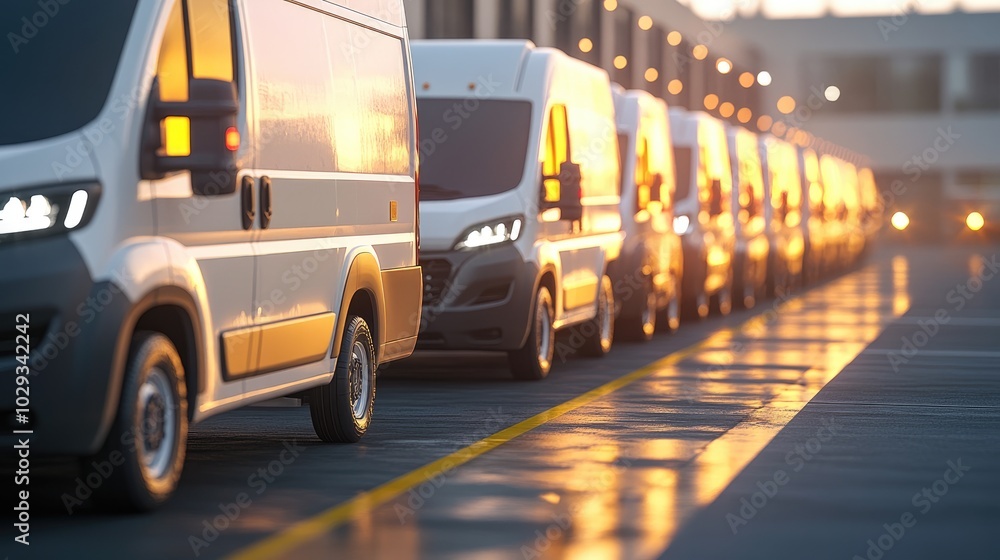 Fleet of delivery vans lined up for dispatch at a logistics hub ...