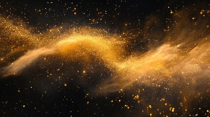 Flow of golden dust drifting in a deep black space, creating an ethereal and captivating visual display