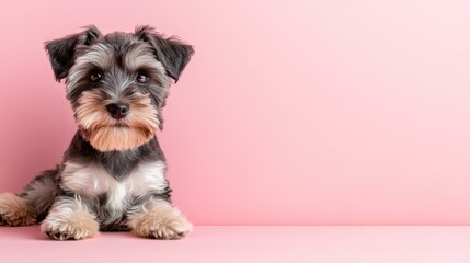 Cute puppy on a pink background looking at camera