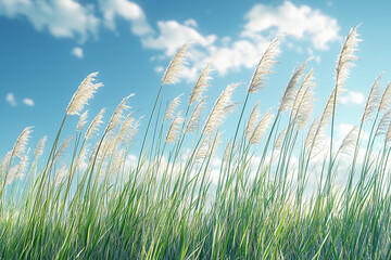 Canvas Print - Tall grass sways gently beneath a bright sky filled with clouds