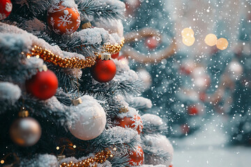 Snowy Christmas trees adorned with ornaments in a winter setting