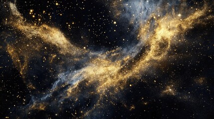 Flow of radiant golden glitter particles in a deep black space backdrop, creating a captivating cosmic effect