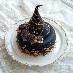 Elegant witch hat Halloween cake with golden accents