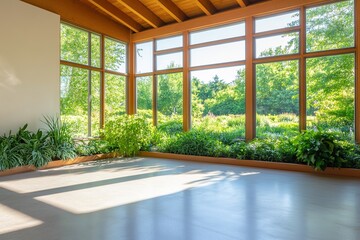 Sunlit empty room with large windows and green view