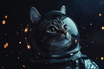 Wall Mural - curious cat astronaut exploring an unknown galaxy in a futuristic space suit