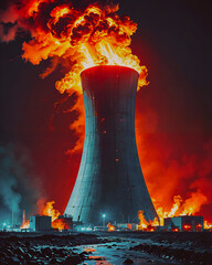 Nuclear power plant with huge flames and smoke in the night.