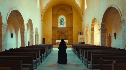 In the quiet of an empty chapel a nun kneels in earnest prayer surrounded by serenity