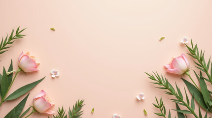 Canvas Print - Soft pink roses and lush green leaves are artfully placed on a light beige backdrop, creating a serene and inviting atmosphere ideal for spring celebrations