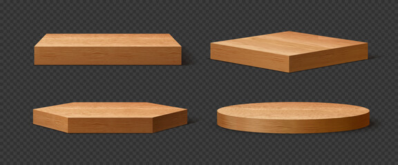 3d realistic wooden podium stage pedestals, plates, displays or stages. Vector circular, square and hexagonal studio stands or platforms with natural wood grain texture. Boards for showcasing products