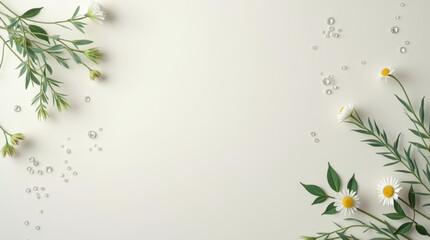 Poster - Fresh green leaves and white daisies are artfully arranged on a soft, light background, accentuated by scattered water droplets that enhance the natural beauty