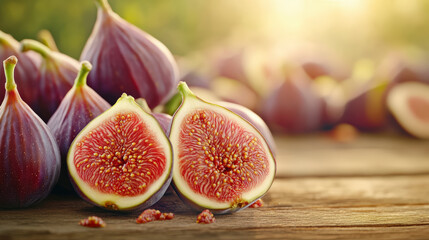 Fresh purple figs are displayed on a wooden table in sunlight, with some whole and others cut open to reveal their juicy interiors.