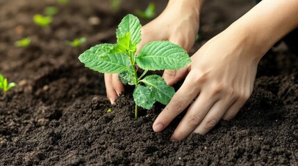 Hands planting a young tree in rich, dark soil, promoting environmental conservation and green energy