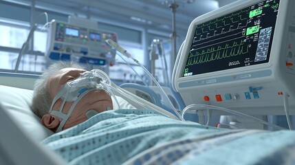 A patient lies in a hospital bed, connected to monitoring equipment, showcasing a health care environment with medical technology at work.