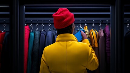 Man in yellow jacket and red beanie choosing clothes in a closet filled with colorful clothing 