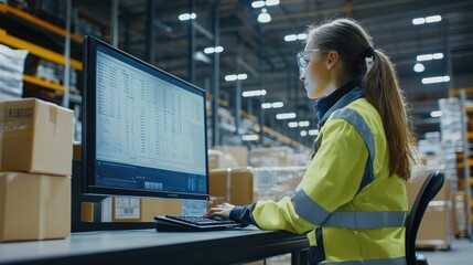 logistics coordinator reviewing shipment data on a computer screen while surrounded by packages in a