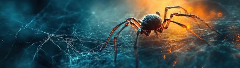 A detailed close-up of a spider in a dramatic setting, showcasing its intricate features and web against a vibrant background.