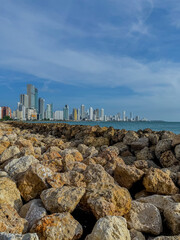 Beautiful aerial view of Bocagrande Hotel area in the upmarket area popular for its long, sandy beaches backed by palm-lined promenades0 Cartagena Colombia