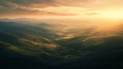 Poster - Stunning sunset over rolling hills reveals serene landscape with golden light illuminating the valleys in early evening